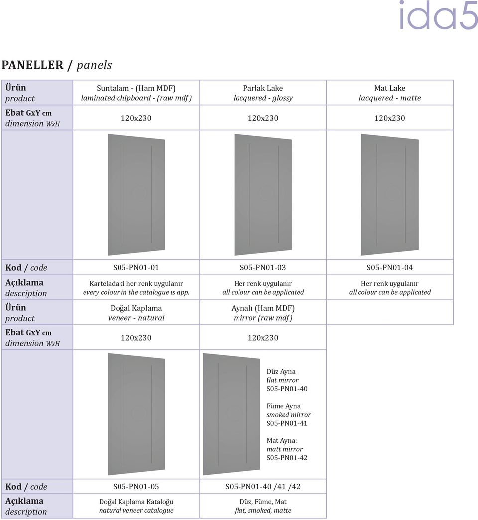 Doğal Kaplama veneer - natural 120x230 Her renk uygulanır all colour can be applicated Aynalı (Ham MDF) mirror (raw mdf) 120x230 Her renk uygulanır all colour can be applicated Düz Ayna