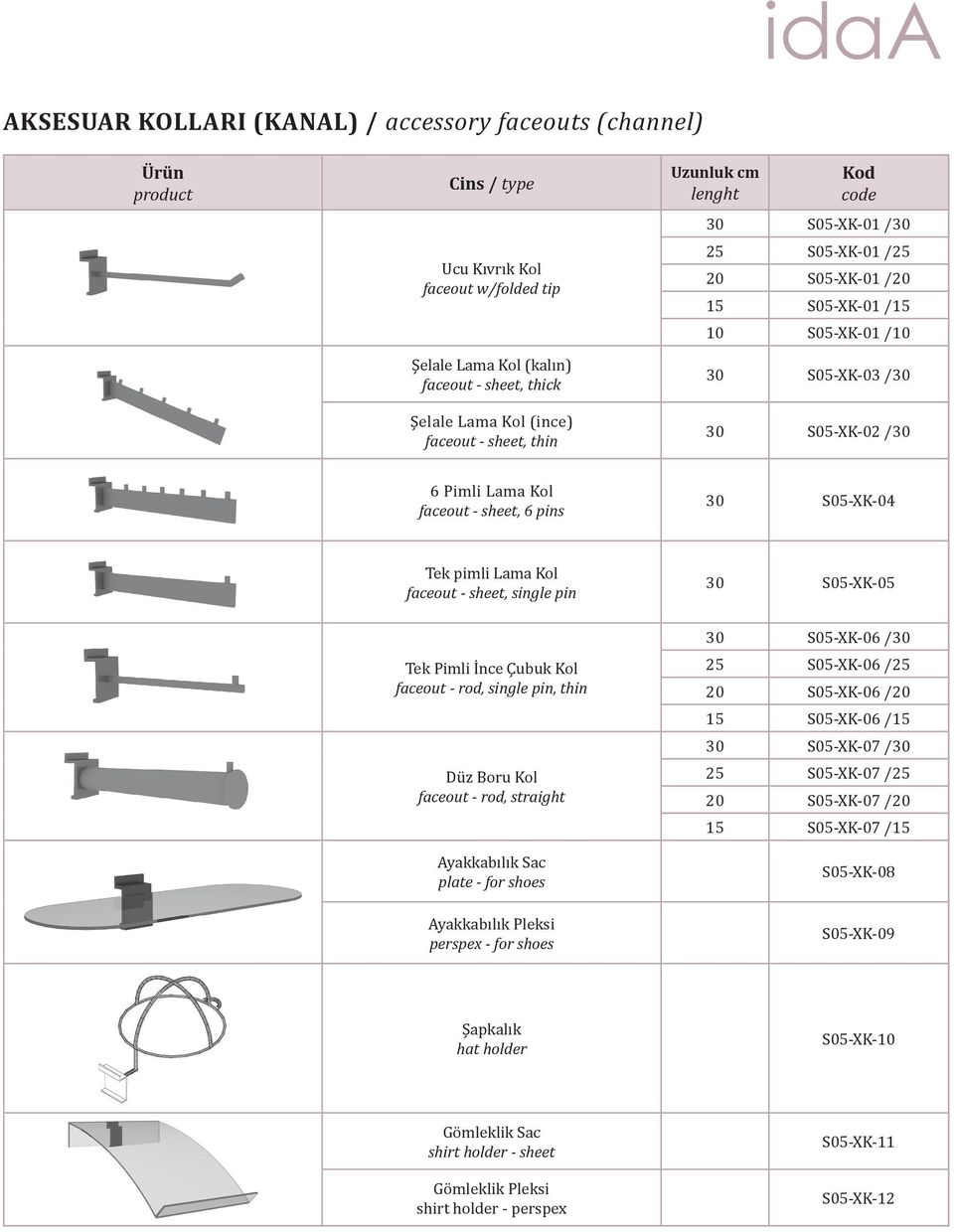 faceout - sheet, single pin 30 S05-XK-05 Tek Pimli İnce Çubuk Kol faceout - rod, single pin, thin Düz Boru Kol faceout - rod, straight Ayakkabılık Sac plate - for shoes 30 S05-XK-06 /30 25 S05-XK-06