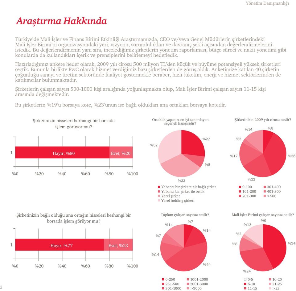 Bu değerlendirmenin yanı sıra, incelediğimiz şirketlerin yönetim raporlaması, bütçe süreci ve nakit yönetimi gibi konularda da kullandıkları içerik ve prensiplerini belirlemeyi hedefledik.