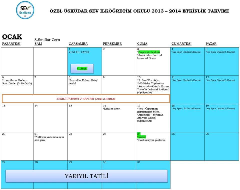 Sınıf Portfolyo *Müdürler Toplantısı *Anasınıfı Konuk Nazan Tacer le Origami Atölyesi (Opsiyonlu) ENERJİ TASRRUFU