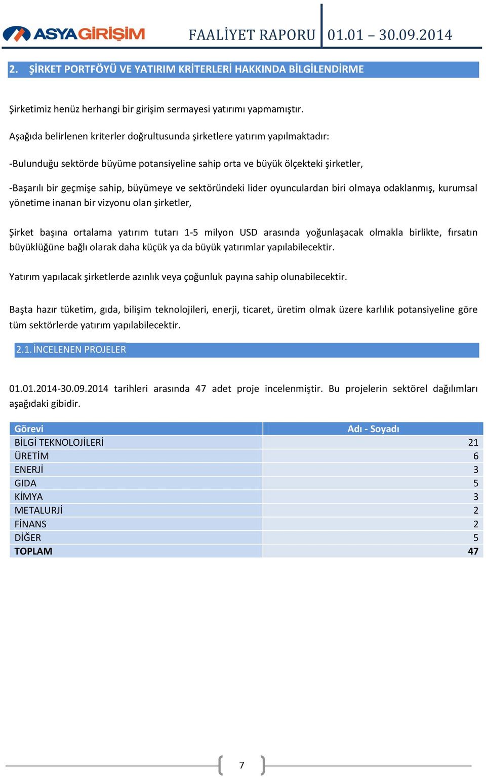 sektöründeki lider oyunculardan biri olmaya odaklanmış, kurumsal yönetime inanan bir vizyonu olan şirketler, Şirket başına ortalama yatırım tutarı 1-5 milyon USD arasında yoğunlaşacak olmakla