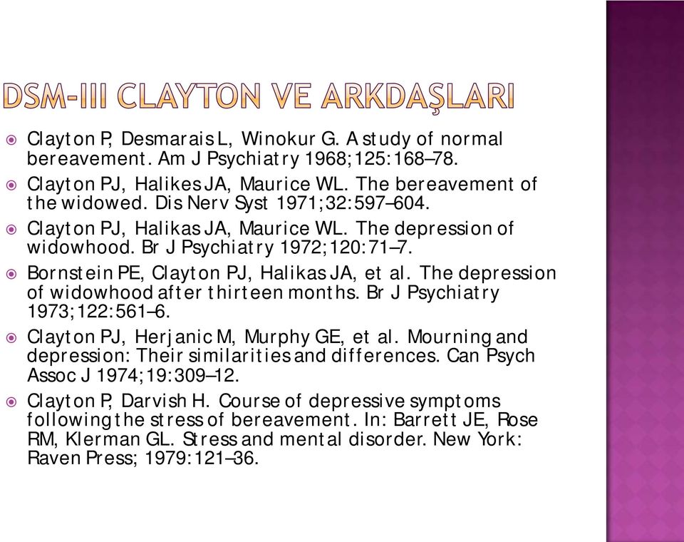 The depression of widowhood after thirteen months. Br J Psychiatry 1973;122:561 6. Clayton PJ, Herjanic M, Murphy GE, et al. Mourning and depression: Their similarities and differences.