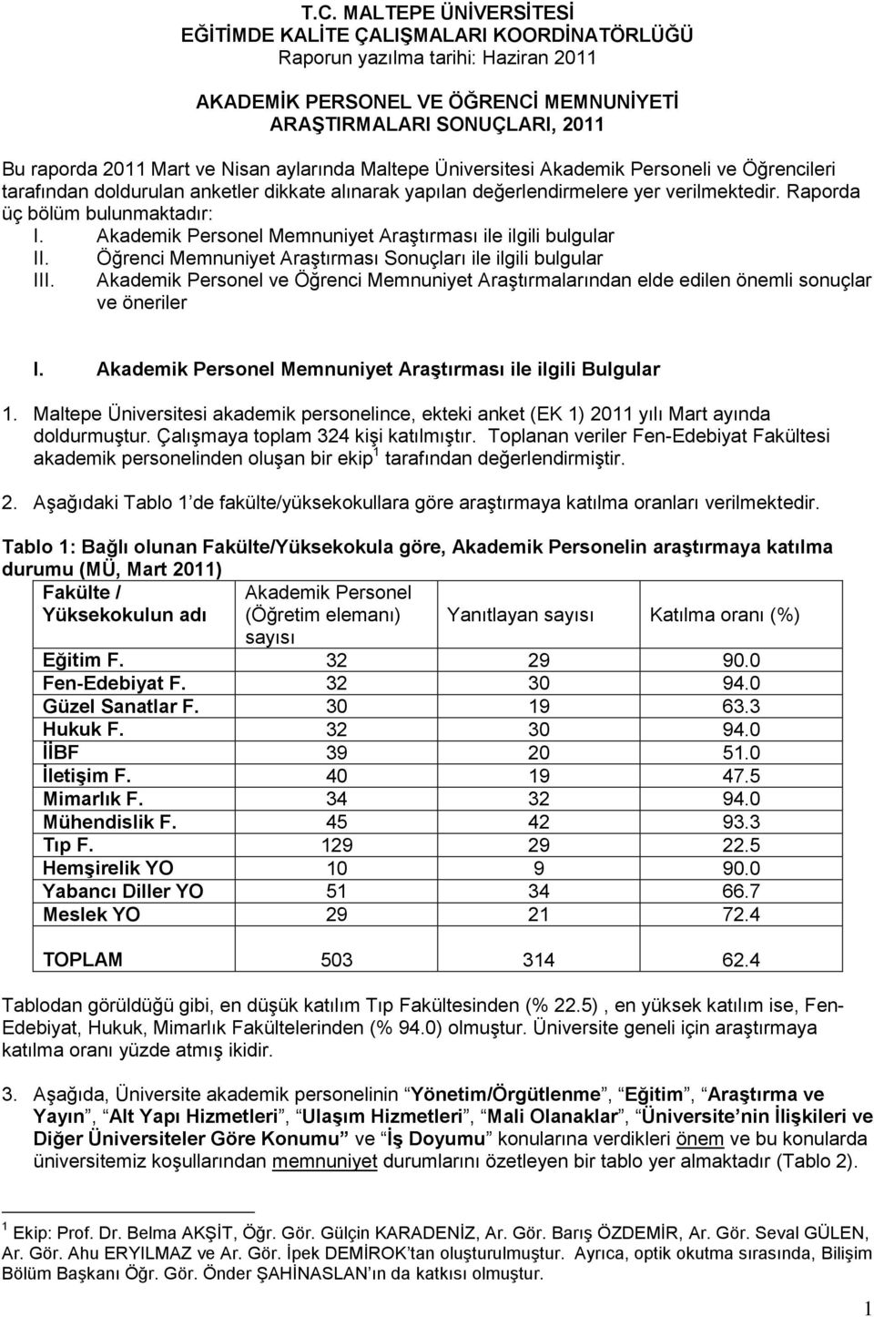 Raporda üç bölüm bulunmaktadır: I. Akademik Personel Memnuniyet Araştırması ile ilgili bulgular II. III.