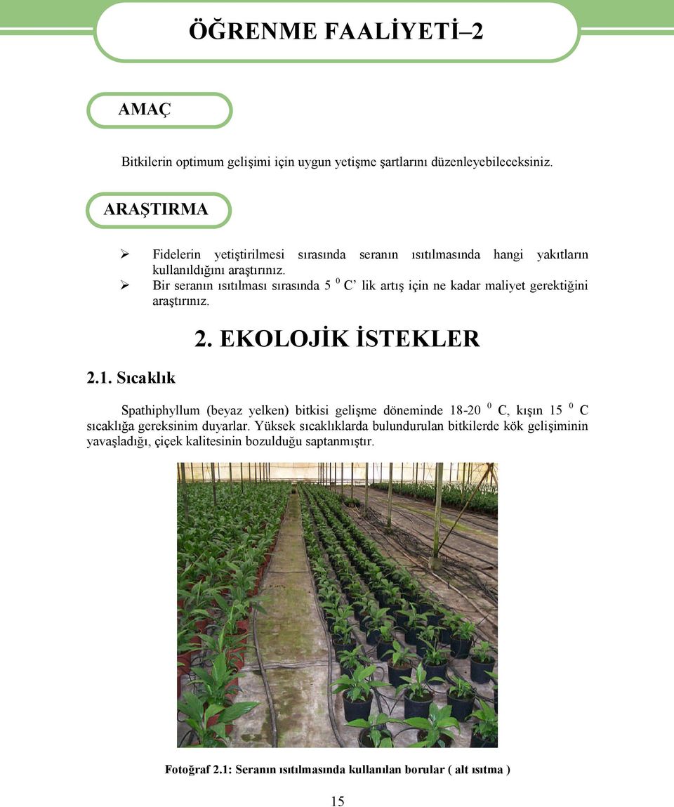 Bir seranın ısıtılması sırasında 5 0 C lik artış için ne kadar maliyet gerektiğini araştırınız. 2. EKOLOJİK İSTEKLER 2.1.