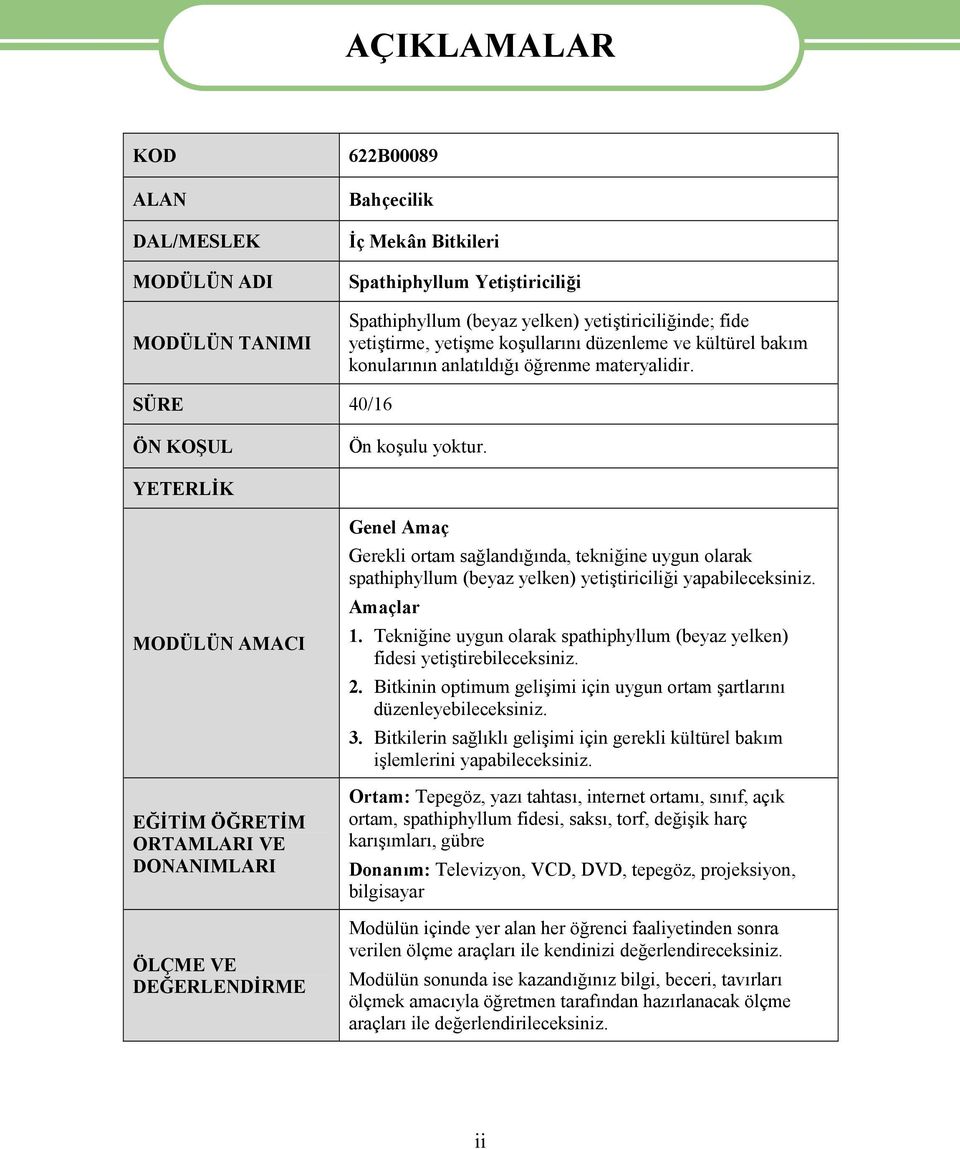 YETERLİK MODÜLÜN AMACI EĞİTİM ÖĞRETİM ORTAMLARI VE DONANIMLARI ÖLÇME VE DEĞERLENDİRME Genel Amaç Gerekli ortam sağlandığında, tekniğine uygun olarak spathiphyllum (beyaz yelken) yetiştiriciliği