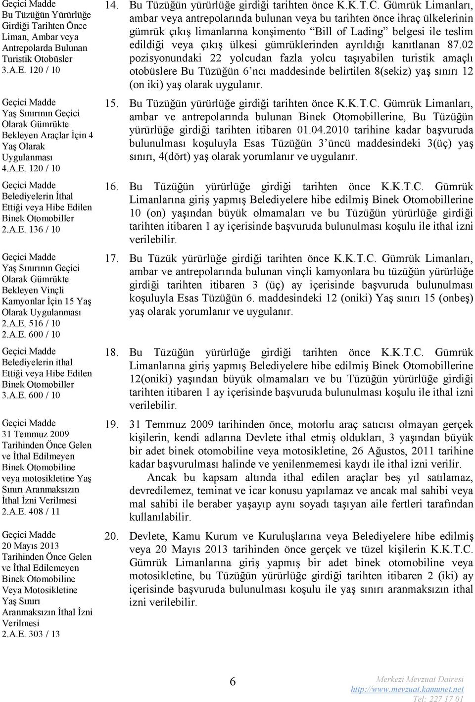 120 / 10 Belediyelerin İthal Ettiği veya Hibe Edilen Binek Otomobiller 2.A.E. 136 / 10 Yaş Sınırının Geçici Olarak Gümrükte Bekleyen Vinçli Kamyonlar İçin 15 Yaş Olarak Uygulanması 2.A.E. 516 / 10 2.