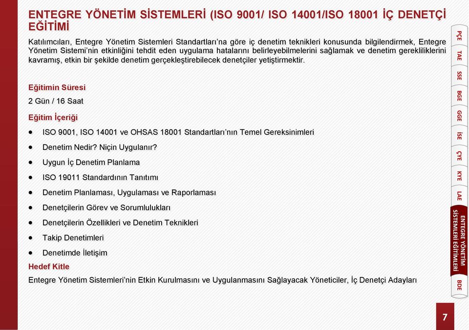 yetiştirmektir. 2 Gün / 16 Saat ISO 9001, ISO 14001 ve OHSAS 18001 Standartları nın Temel Gereksinimleri Denetim Nedir? Niçin Uygulanır?