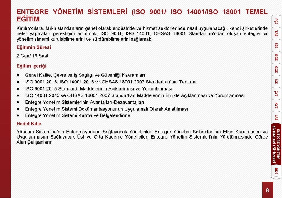 2 Gün/ 16 Saat Genel Kalite, Çevre ve İş Sağlığı ve Güvenliği Kavramları ISO 9001:2015, ISO 14001:2015 ve OHSAS 18001:2007 Standartları nın Tanıtımı ISO 9001:2015 Standardı Maddelerinin Açıklanması