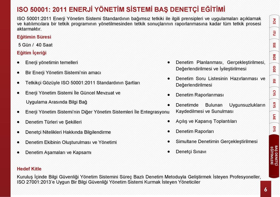 5 Gün / 40 Saat Enerji yönetimin temelleri Bir Enerji Yönetim Sistemi nin amacı Tetkikçi Gözüyle ISO 50001:2011 Standardının Şartları Enerji Yönetim Sistemi İle Güncel Mevzuat ve Uygulama Arasında