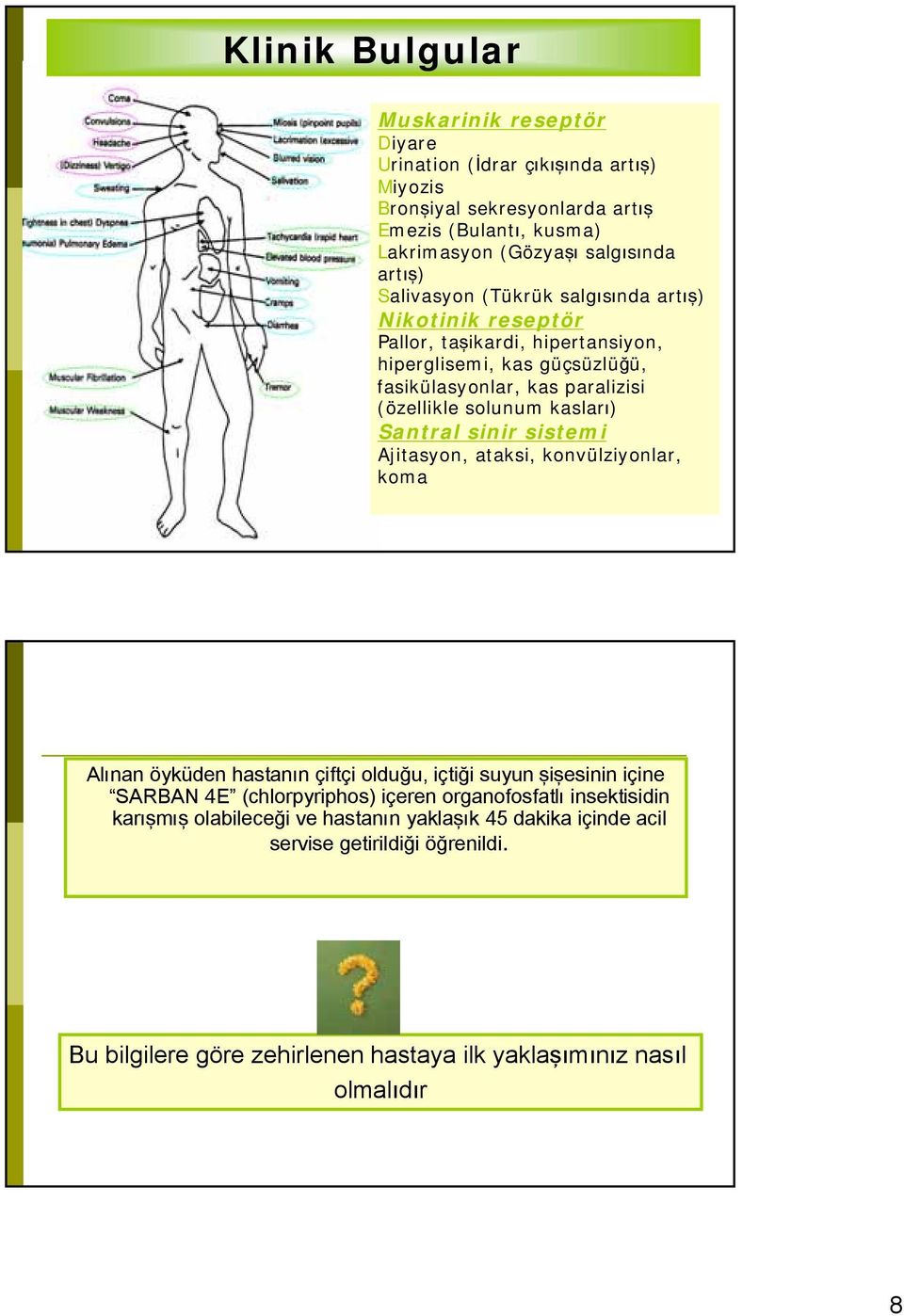 kasları) Santral sinir sistemi Ajitasyon, ataksi, konvülziyonlar, koma Alınan öyküden hastanın çiftçi olduğu, içtiği suyun şişesinin içine SARBAN 4E (chlorpyriphos) içeren