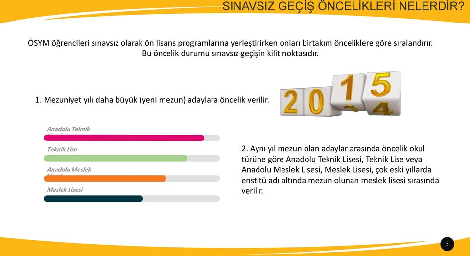 Bu öncelik durumu sınavsız geçişin kilit noktasıdır. 1. Mezuniyet yılı daha büyük (yeni mezun) adaylara öncelik verilir.