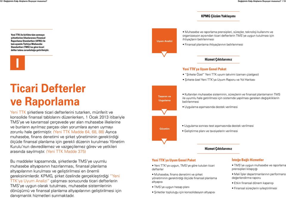 13 KPMG Çözüm Yaklaşımı Yeni TTK ile birlikte tüm sermaye şirketlerine Uluslararası Finansal Raporlama Standartları (UFRS) ile tam uyumlu Türkiye Muhasebe Standartları (TMS) na göre ticari defter