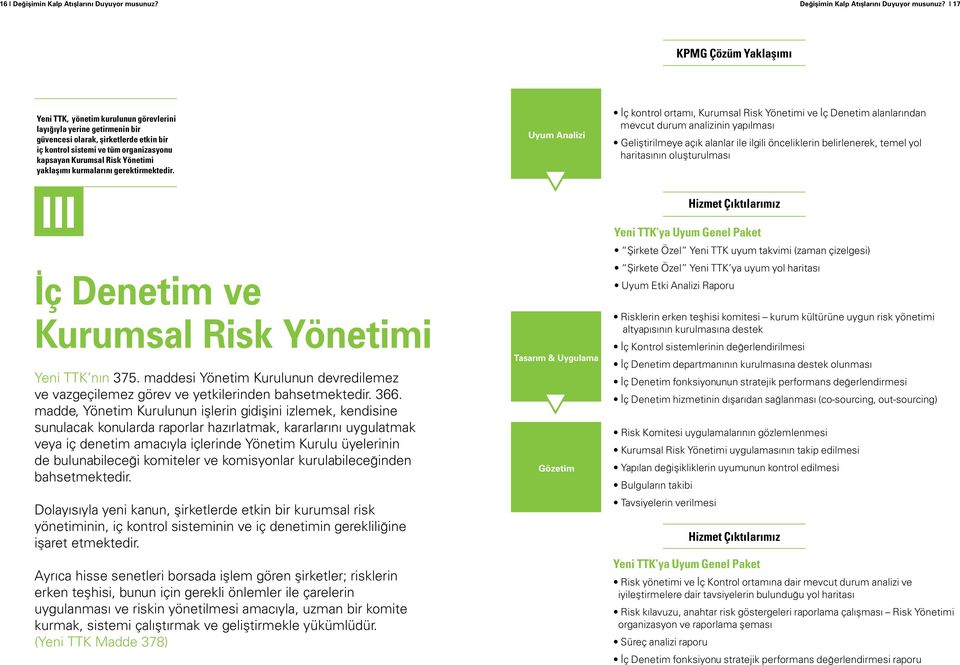 17 KPMG Çözüm Yaklaşımı Yeni TTK, yönetim kurulunun görevlerini layığıyla yerine getirmenin bir güvencesi olarak, şirketlerde etkin bir iç kontrol sistemi ve tüm organizasyonu kapsayan Kurumsal Risk