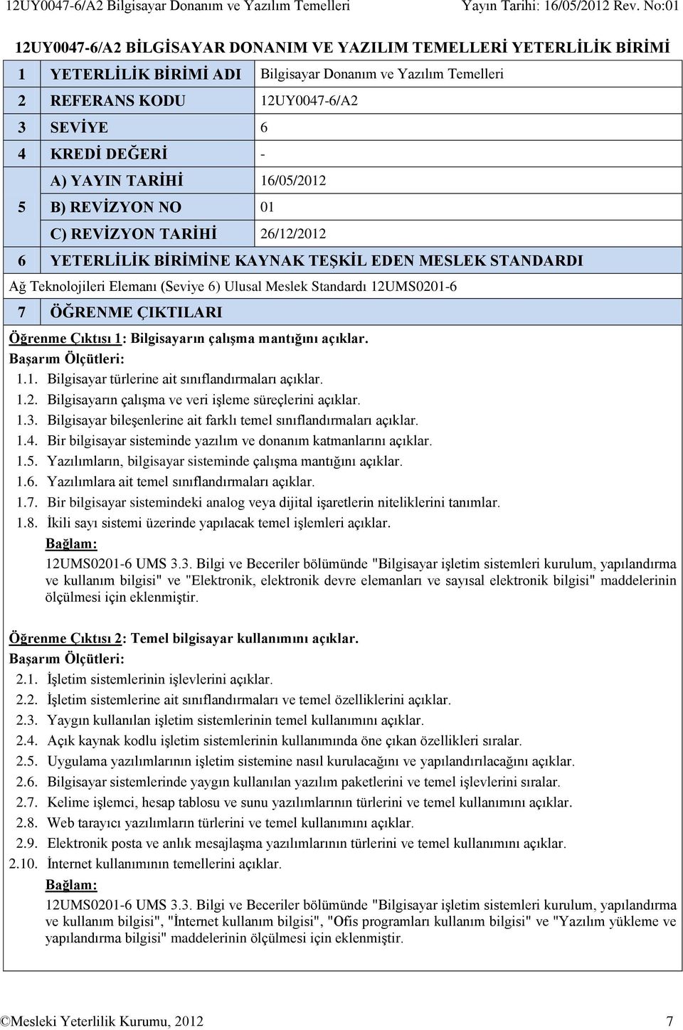 Teknolojileri Elemanı (Seviye 6) Ulusal Meslek Standardı 12UMS0201-6 7 ÖĞRENME ÇIKTILARI Öğrenme Çıktısı 1: Bilgisayarın çalışma mantığını açıklar. 1.1. Bilgisayar türlerine ait sınıflandırmaları açıklar.