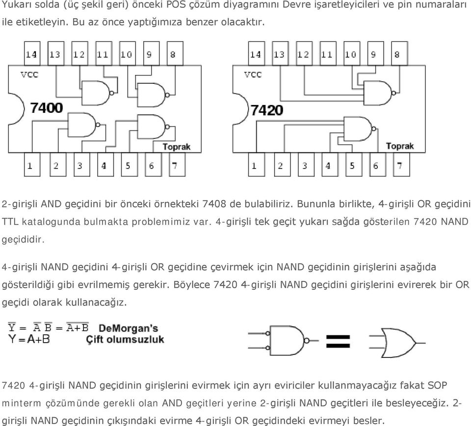 4-girişli tek geçit yukarı sağda gösterilen 7420 NAND geçididir. 4-girişli NAND geçidini 4-girişli OR geçidine çevirmek için NAND geçidinin girişlerini aşağıda gösterildiği gibi evrilmemiş gerekir.