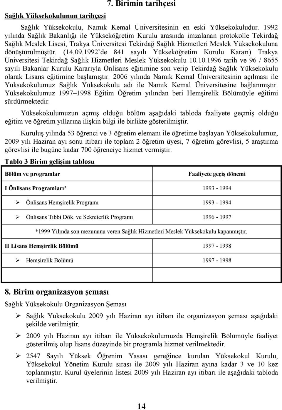 dönüştürülmüştür. (14.09.1992 de 841 sayılı Yükseköğretim Kurulu Kararı) Trakya Üniversitesi Tekirdağ Sağlık Hizmetleri Meslek Yüksekokulu 10.