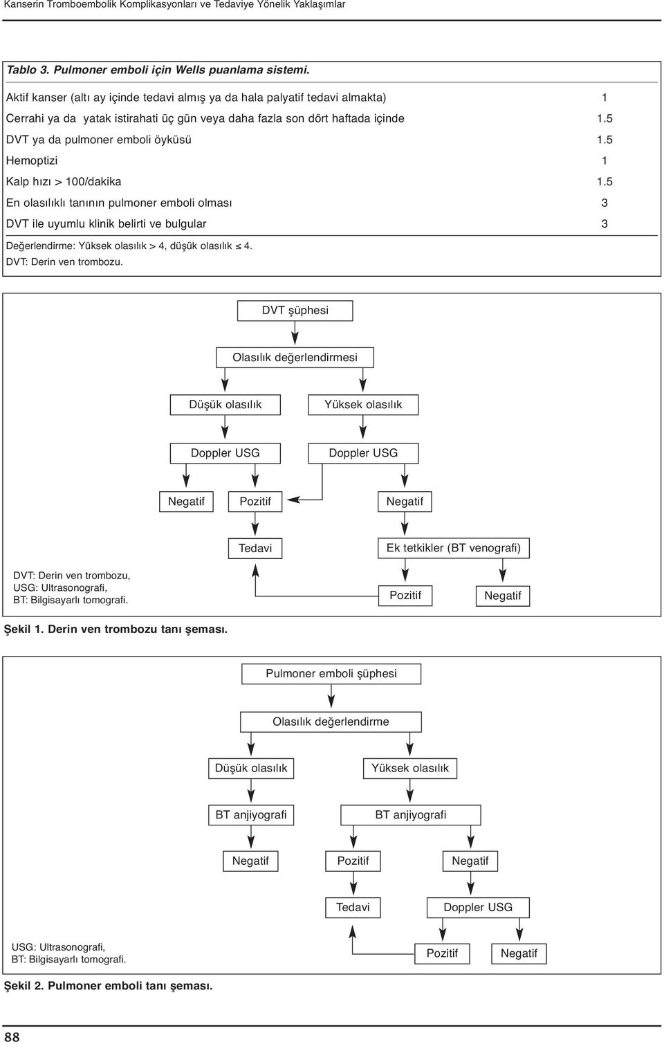 5 Hemoptizi 1 Kalp hızı > 100/dakika 1.5 En olasılıklı tanının pulmoner emboli olması 3 DVT ile uyumlu klinik belirti ve bulgular 3 Değerlendirme: Yüksek olasılık > 4, düşük olasılık 4.