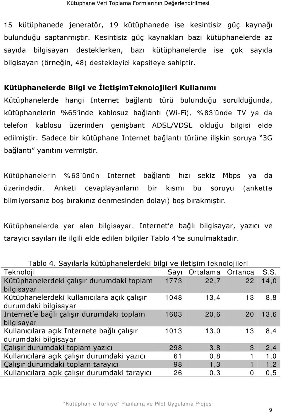 Kütüphanelerde Bilgi ve İletişimTeknolojileri Kullanımı Kütüphanelerde hangi Internet bağlantı türü bulunduğu sorulduğunda, kütüphanelerin %65 inde kablosuz bağlantı (Wi-Fi), %83 ünde TV ya da