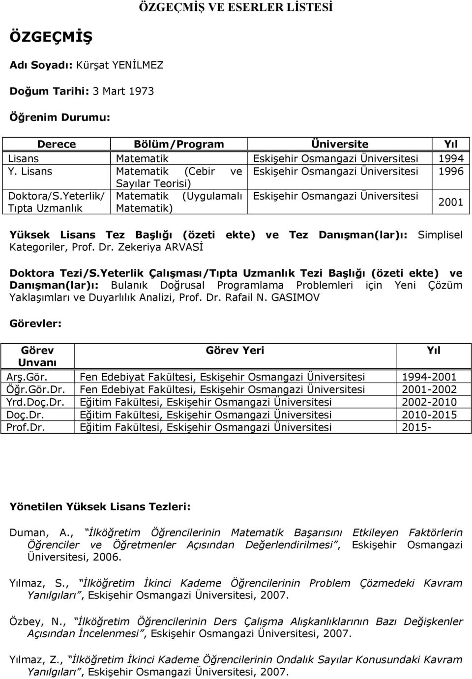 Yeterlik/ Matematik (Uygulamalı Eskişehir Osmangazi Üniversitesi Tıpta Uzmanlık Matematik) 2001 Yüksek Lisans Tez Başlığı (özeti ekte) ve Tez Danışman(lar)ı: Simplisel Kategoriler, Prof. Dr.