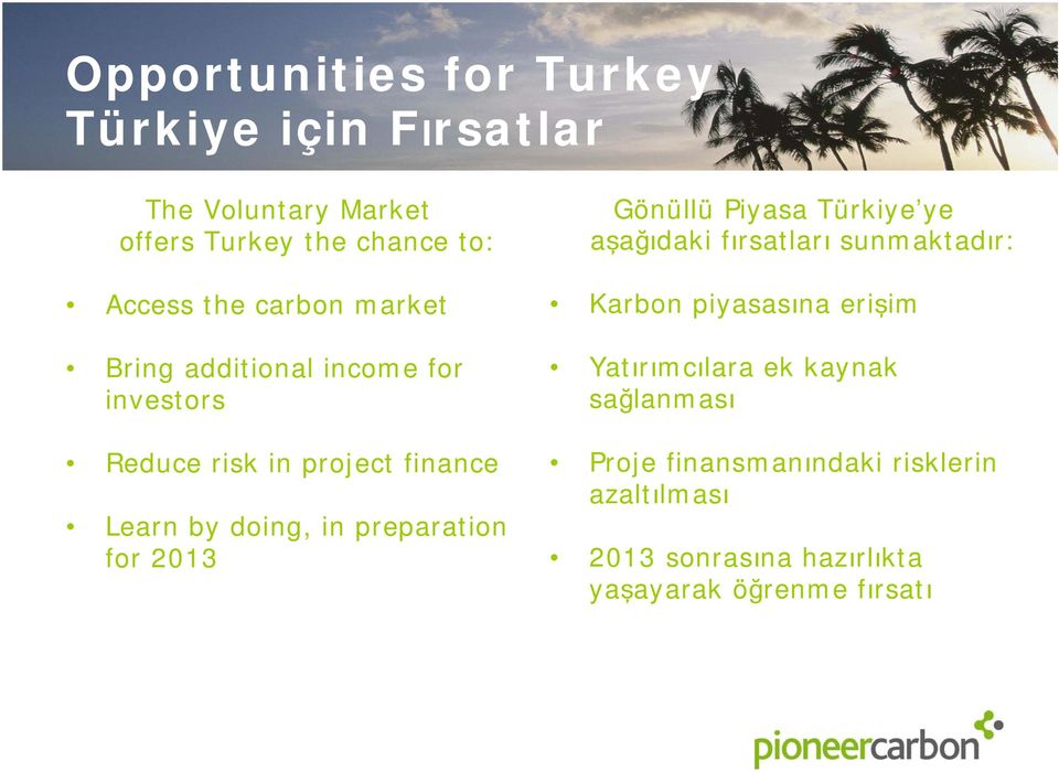 preparation for 2013 Gönüllü Piyasa Türkiye ye aşağıdaki fırsatları sunmaktadır: Karbon piyasasına erişim