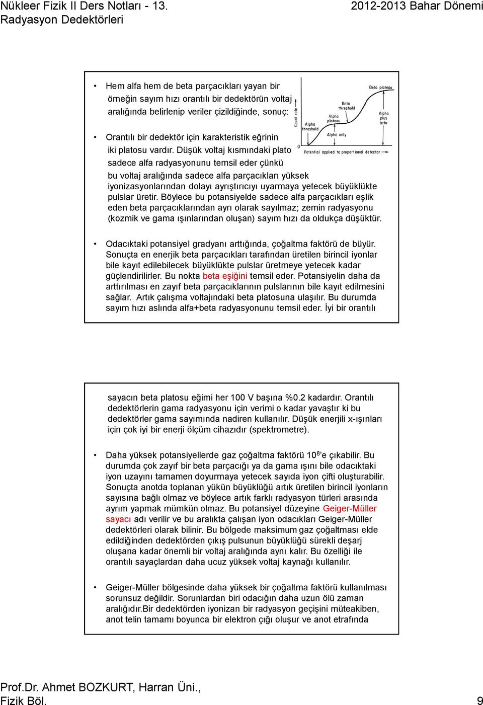 Düşük voltaj kısmındaki plato sadece alfa radyasyonunu temsil eder çünkü bu voltaj aralığında sadece alfa parçacıkları yüksek iyonizasyonlarından dolayı ayrıştırıcıyı uyarmaya yetecek büyüklükte