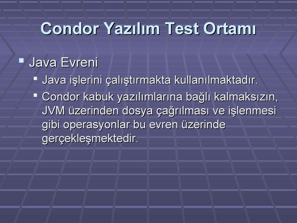 Condor kabuk yazılımlarına bağlı kalmaksızın, JVM