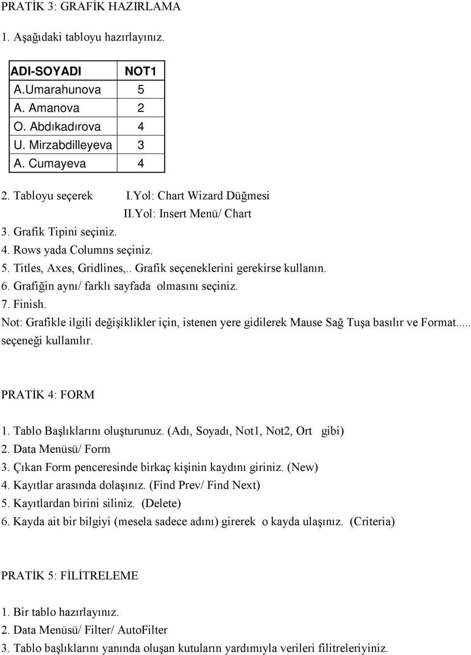 Grafiğin aynı/ farklı sayfada olmasını seçiniz. 7. Finish. Not: Grafikle ilgili değişiklikler için, istenen yere gidilerek Mause Sağ Tuşa basılır ve Format... seçeneği kullanılır. PRATİK 4: FORM 1.