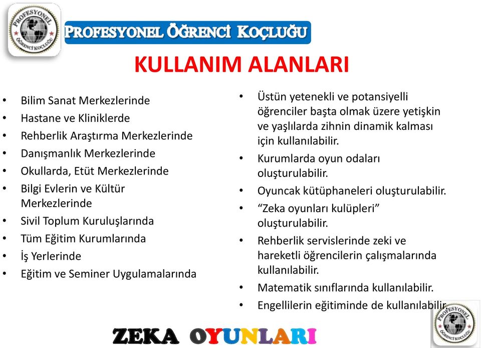 yetişkin ve yaşlılarda zihnin dinamik kalması için kullanılabilir. Kurumlarda oyun odaları oluşturulabilir. Oyuncak kütüphaneleri oluşturulabilir.