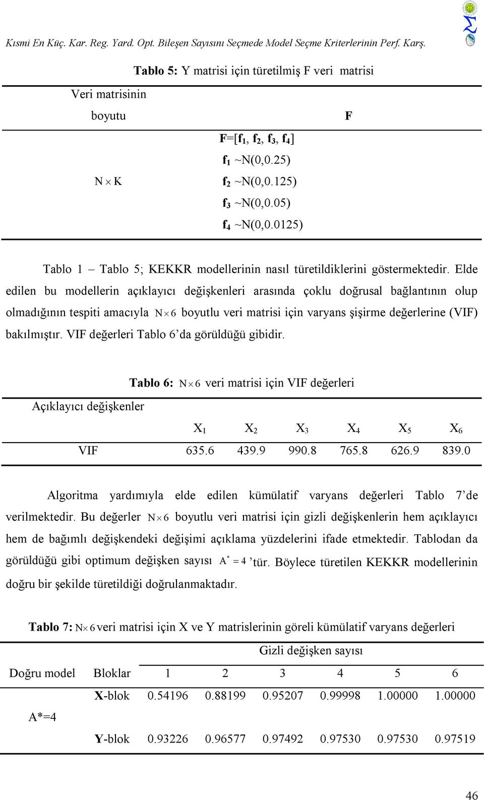 0125) F Tablo 1 Tablo 5; KEKKR modellerinin nasıl türetildiklerini göstermektedir.