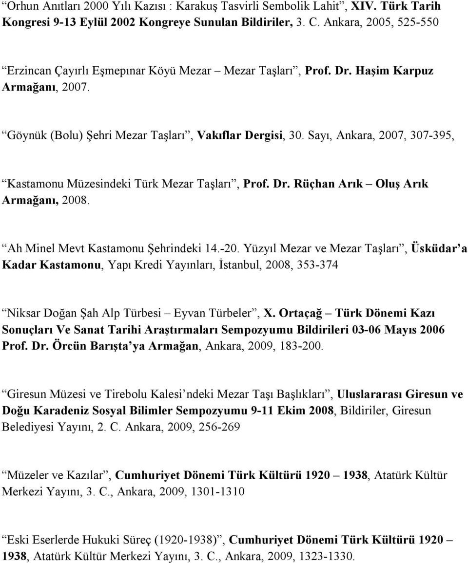 Sayı, Ankara, 2007, 307-395, Kastamonu Müzesindeki Türk Mezar Taşları, Prof. Dr. Rüçhan Arık Oluş Arık Armağanı, 2008. Ah Minel Mevt Kastamonu Şehrindeki 14.-20.