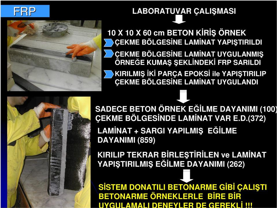 DAYANIMI (100) ÇEKME BÖLGESİNDE LAMİNAT VAR E.D.(372) LAMİNAT + SARGI YAPILMI EĞİLME DAYANIMI (859) KIRILIP TEKRAR BİRLE TİRİLEN ve