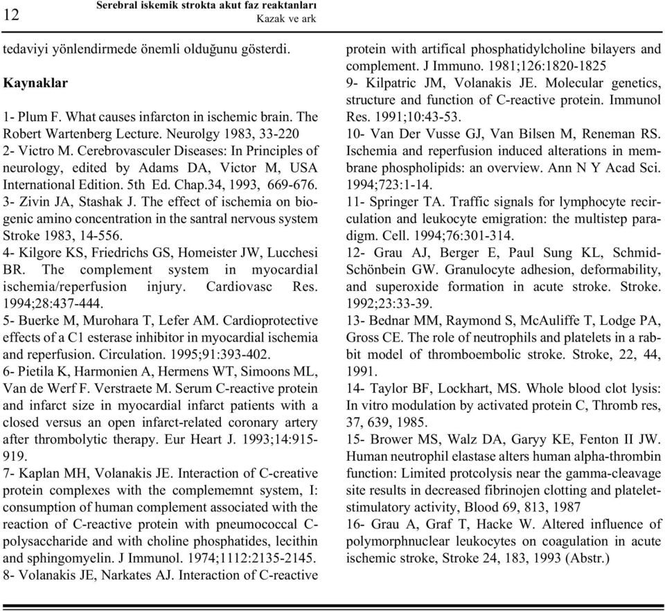 The effect of ischemia on biogenic amino concentration in the santral nervous system Stroke 1983, 14-556. 4- Kilgore KS, Friedrichs GS, Homeister JW, Lucchesi BR.