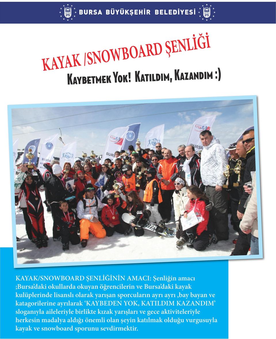 Bursa daki kayak kulüplerinde lisanslı olarak yarışan sporcuların ayrı ayrı,bay bayan ve katagorilerine ayrılarak