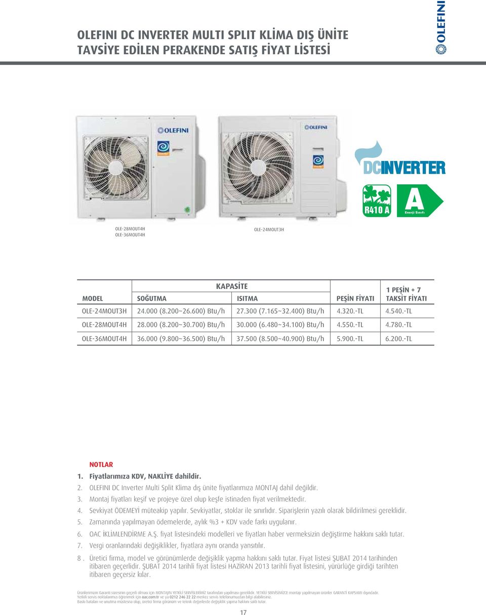 900) Btu/h 5.900.-TL 6.200.-TL 1. Fiyatlar m za KDV, NAKL YE dahildir. 2. OLEFINI DC Inverter Multi Split Klima d fl ünite fiyatlar m za MONTAJ dahil de ildir. 3.