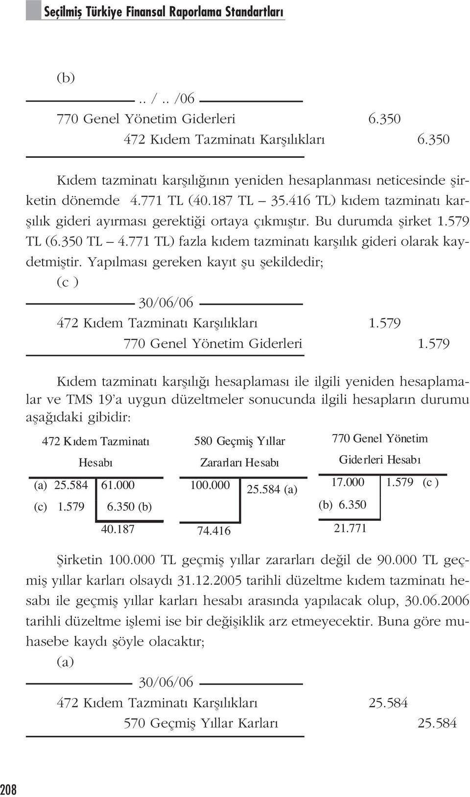 Bu durumda flirket 1.579 TL (6.350 TL 4.771 TL) fazla k dem tazminat karfl l k gideri olarak kaydetmifltir. Yap lmas gereken kay t flu flekildedir; (c ) 30/06/06 472 K dem Tazminat Karfl l klar 1.