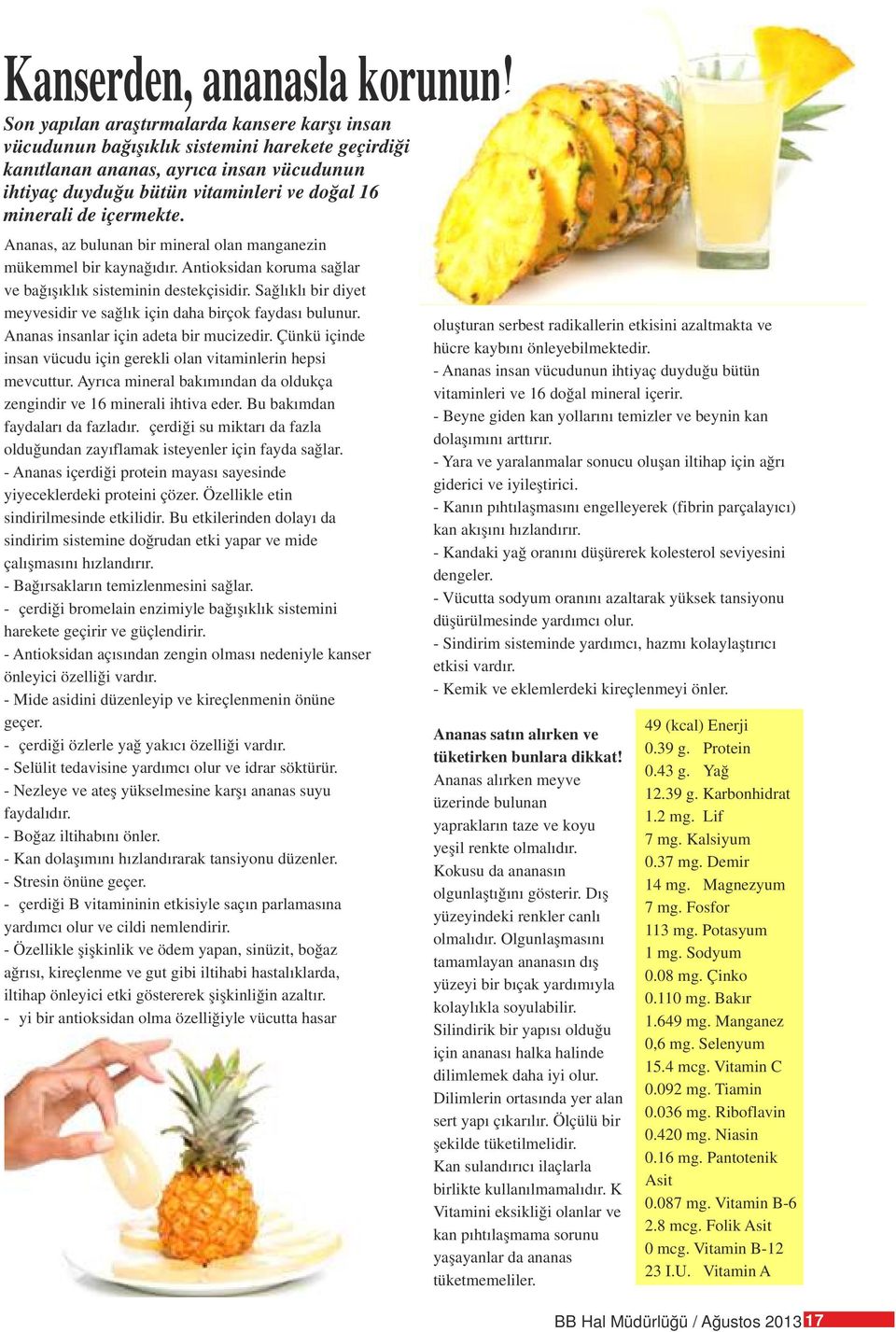 içermekte. Ananas, az bulunan bir mineral olan manganezin mükemmel bir kaynağıdır. Antioksidan koruma sağlar ve bağışıklık sisteminin destekçisidir.