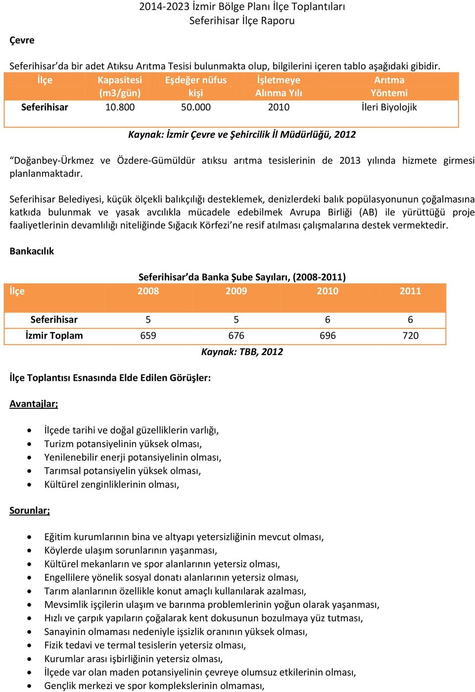 000 2010 İleri Biyolojik Kaynak: İzmir Çevre ve Şehircilik İl Müdürlüğü, 2012 Doğanbey-Ürkmez ve Özdere-Gümüldür atıksu arıtma tesislerinin de 2013 yılında hizmete girmesi planlanmaktadır.