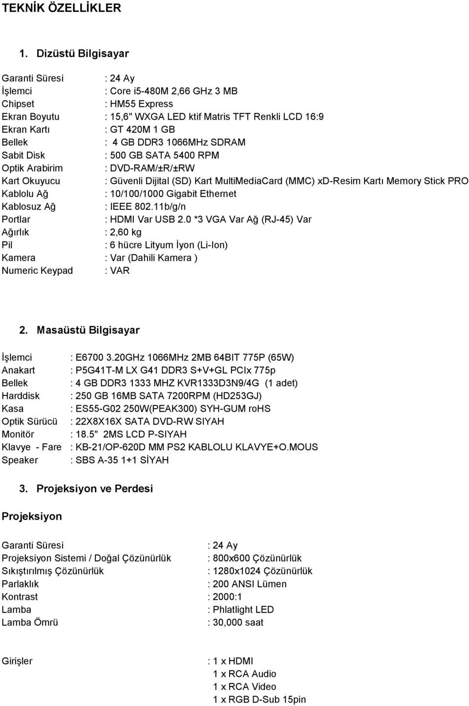 4 GB DDR3 1066MHz SDRAM Sabit Disk : 500 GB SATA 5400 RPM Optik Arabirim : DVD-RAM/±R/±RW Kart Okuyucu : Güvenli Dijital (SD) Kart MultiMediaCard (MMC) xd-resim Kartı Memory Stick PRO Kablolu Ağ :