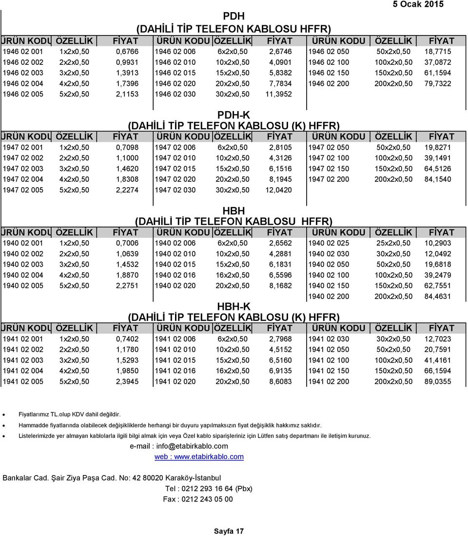 79,7322 1946 02 005 5x2x0,50 2,1153 1946 02 030 30x2x0,50 11,3952 PDH-K (DAHİLİ TİP TELEFON KABLOSU (K) HFFR) 1947 02 001 1x2x0,50 0,7098 1947 02 006 6x2x0,50 2,8105 1947 02 050 50x2x0,50 19,8271
