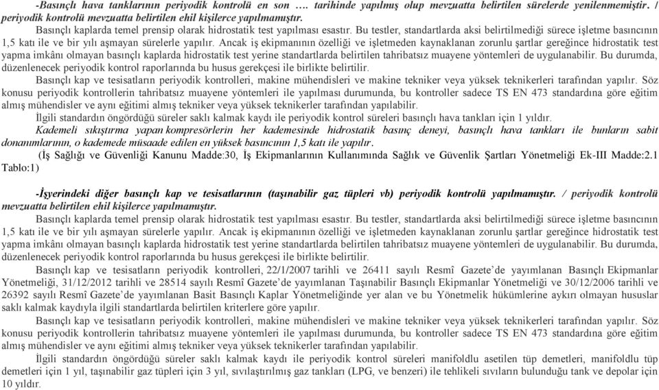 Ancak iş ekipmanının özelliği ve işletmeden kaynaklanan zorunlu şartlar gereğince hidrostatik test yapma imkânı olmayan basınçlı kaplarda hidrostatik test yerine standartlarda belirtilen tahribatsız