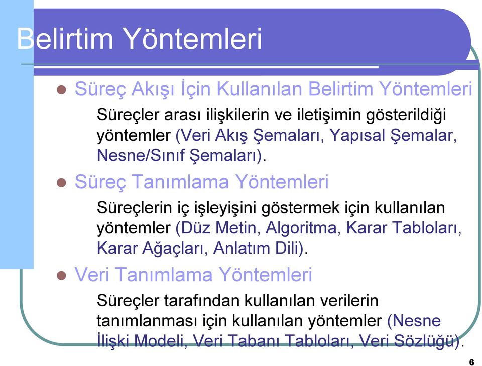 Süreç Tanımlama Yöntemleri Süreçlerin iç işleyişini göstermek için kullanılan yöntemler (Düz Metin, Algoritma, Karar Tabloları,