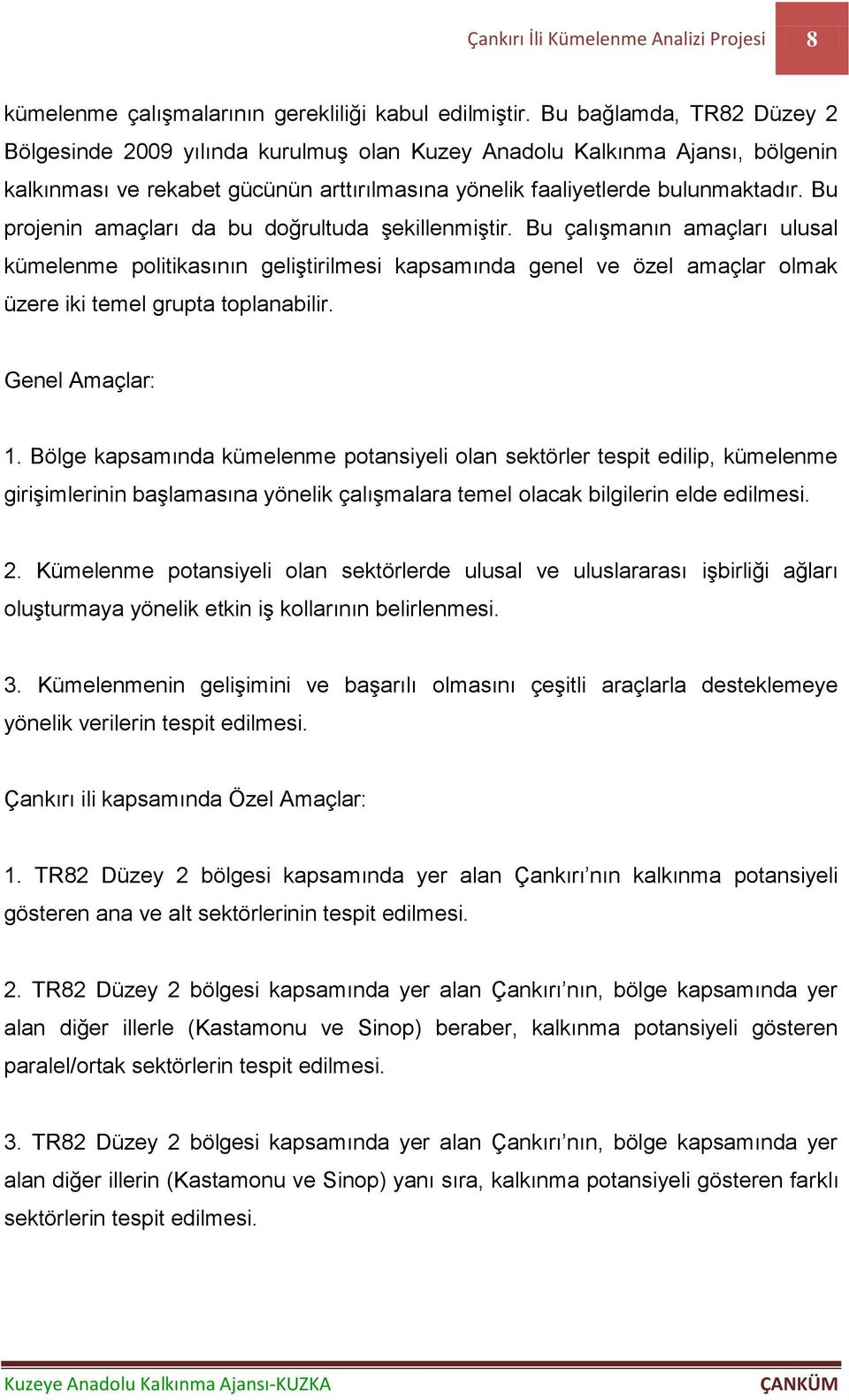 Bu projenin amaçları da bu doğrultuda şekillenmiştir. Bu çalışmanın amaçları ulusal kümelenme politikasının geliştirilmesi kapsamında genel ve özel amaçlar olmak üzere iki temel grupta toplanabilir.