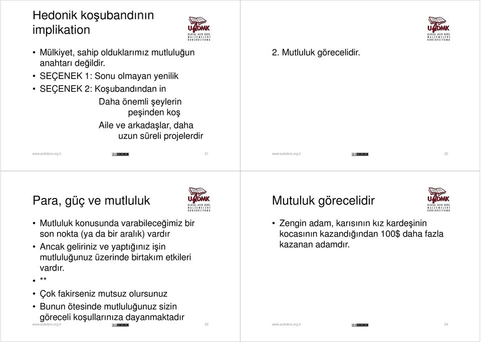 21 22 Para, güç ve mutluluk Mutuluk görecelidir Mutluluk konusunda varabileceğimiz bir son nokta (ya da bir aralık) vardır Ancak geliriniz ve yaptığınız işin