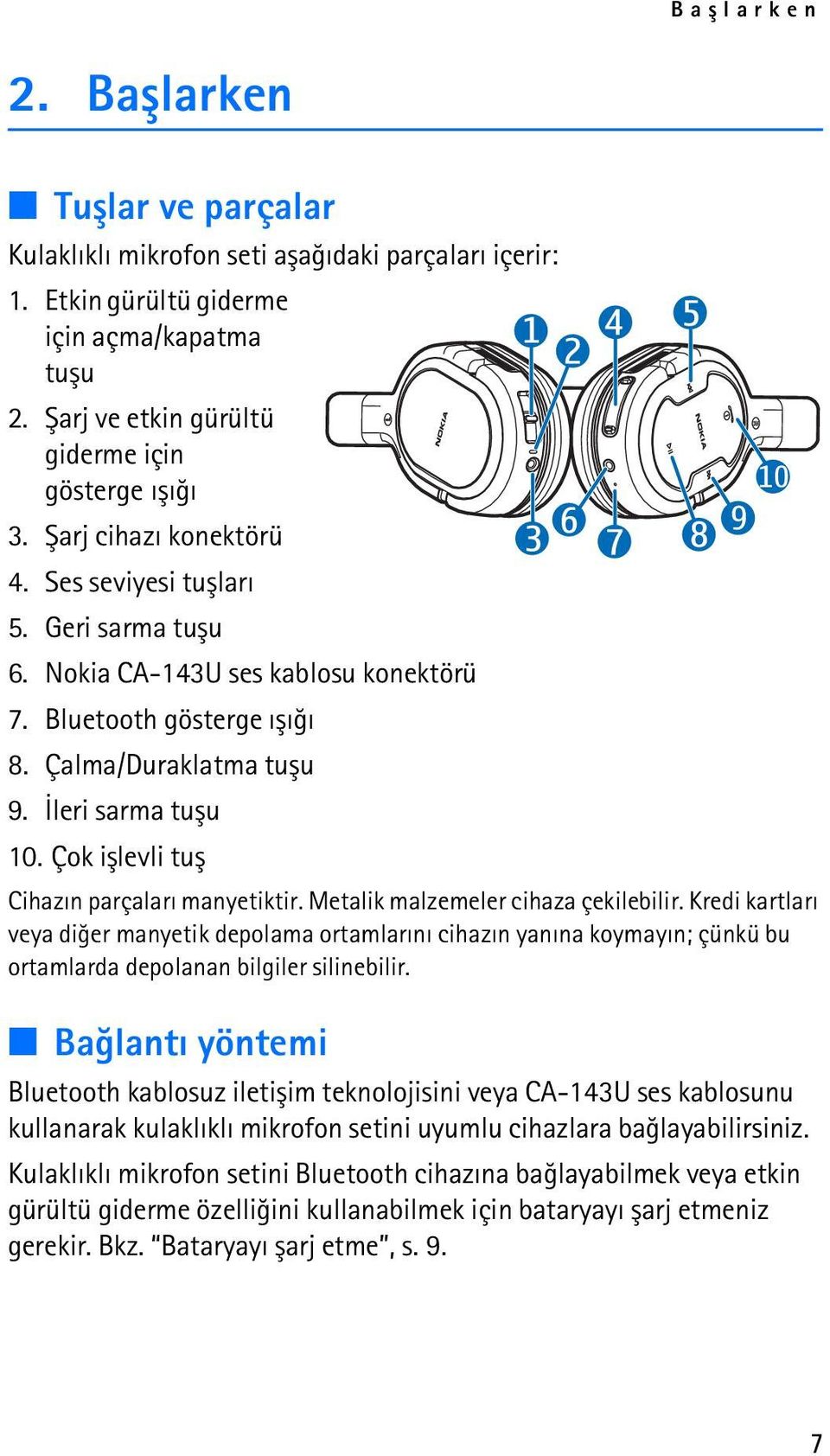 Çalma/Duraklatma tuþu 9. Ýleri sarma tuþu 10. Çok iþlevli tuþ Cihazýn parçalarý manyetiktir. Metalik malzemeler cihaza çekilebilir.