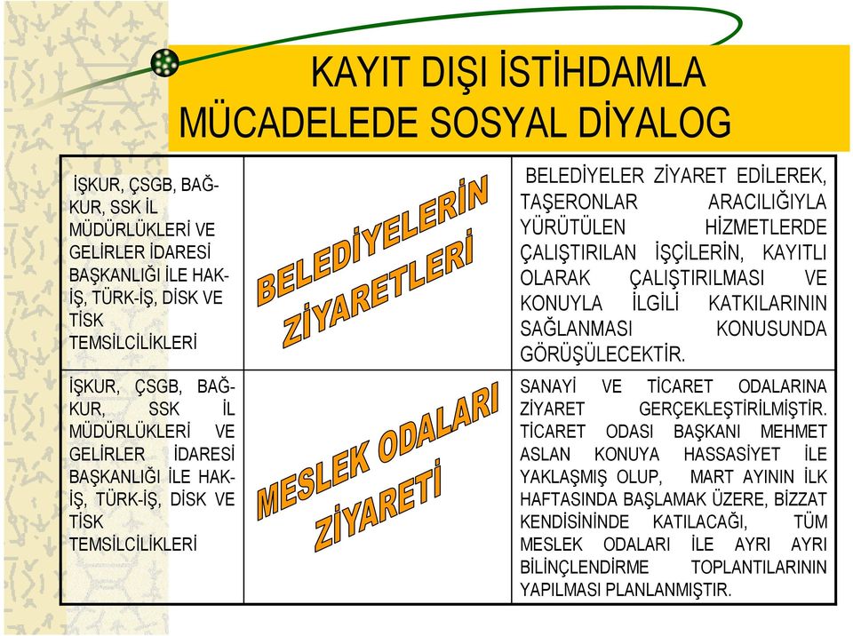 OLARAK ÇALIŞTIRILMASI VE KONUYLA İLGİLİ KATKILARININ SAĞLANMASI KONUSUNDA GÖRÜŞÜLECEKTİR. SANAYİ VE TİCARET ODALARINA ZİYARET GERÇEKLEŞTİRİLMİŞTİR.