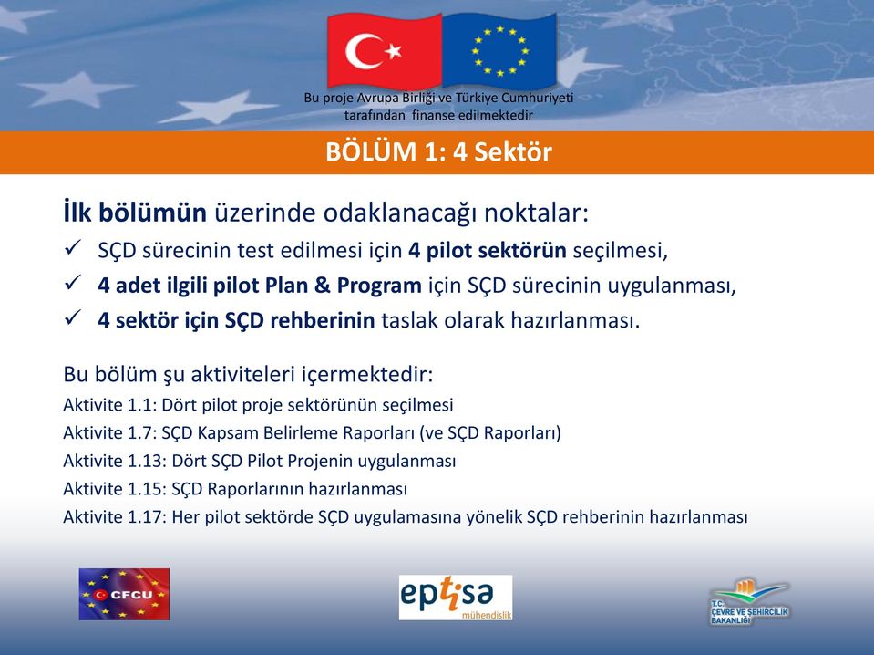 1: Dört pilot proje sektörünün seçilmesi Aktivite 1.7: SÇD Kapsam Belirleme Raporları (ve SÇD Raporları) Aktivite 1.