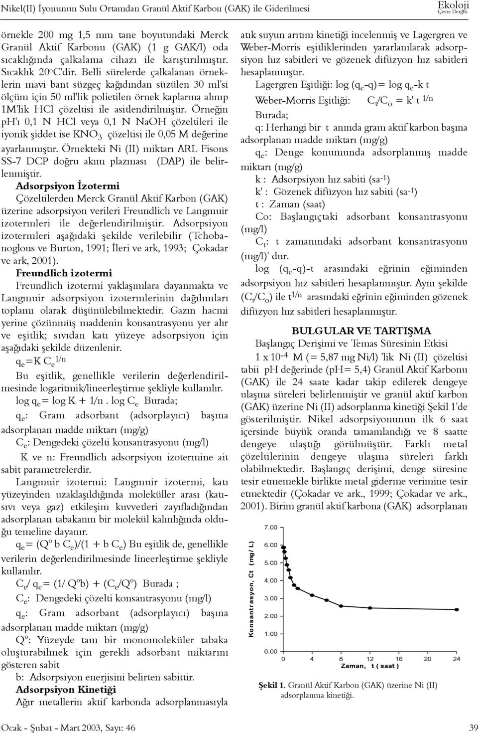 Belli sürelerde çalkalanan örneklerin mavi bant süzgeç kaðýdýndan süzülen 3 ml'si ölçüm için 5 ml'lik polietilen örnek kaplarýna alýnýp 1M'lik HCl çözeltisi ile asitlendirilmiþtir.