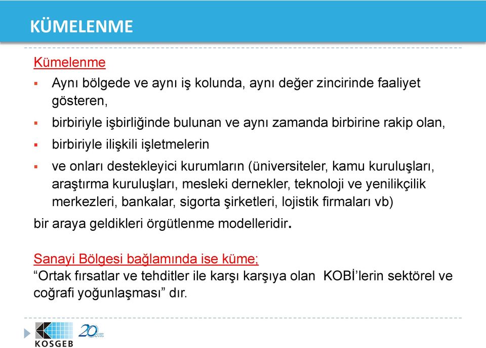 kuruluşları, mesleki dernekler, teknoloji ve yenilikçilik merkezleri, bankalar, sigorta şirketleri, lojistik firmaları vb) bir araya geldikleri