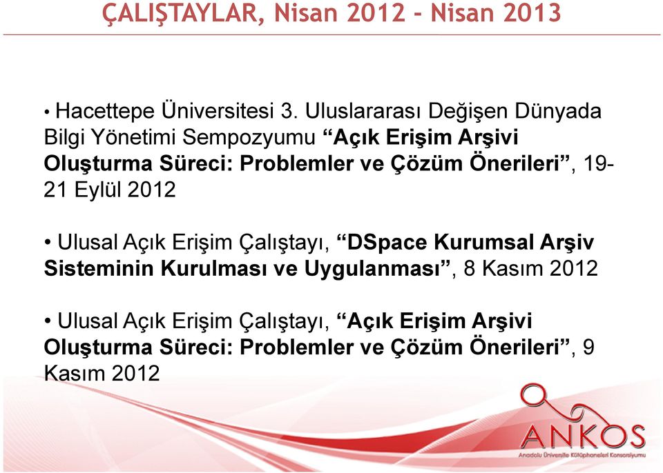 ve Çözüm Önerileri, 19-21 Eylül 2012 Ulusal Açık Erişim Çalıştayı, DSpace Kurumsal Arşiv Sisteminin