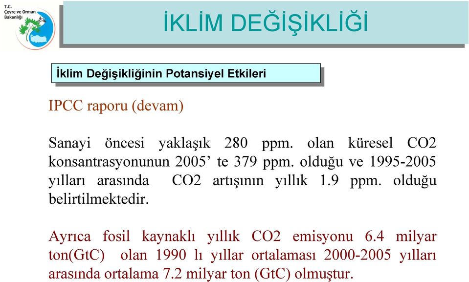 olduğu ve 1995-2005 yılları arasında CO2 artışının yıllık 1.9 ppm. olduğu belirtilmektedir.